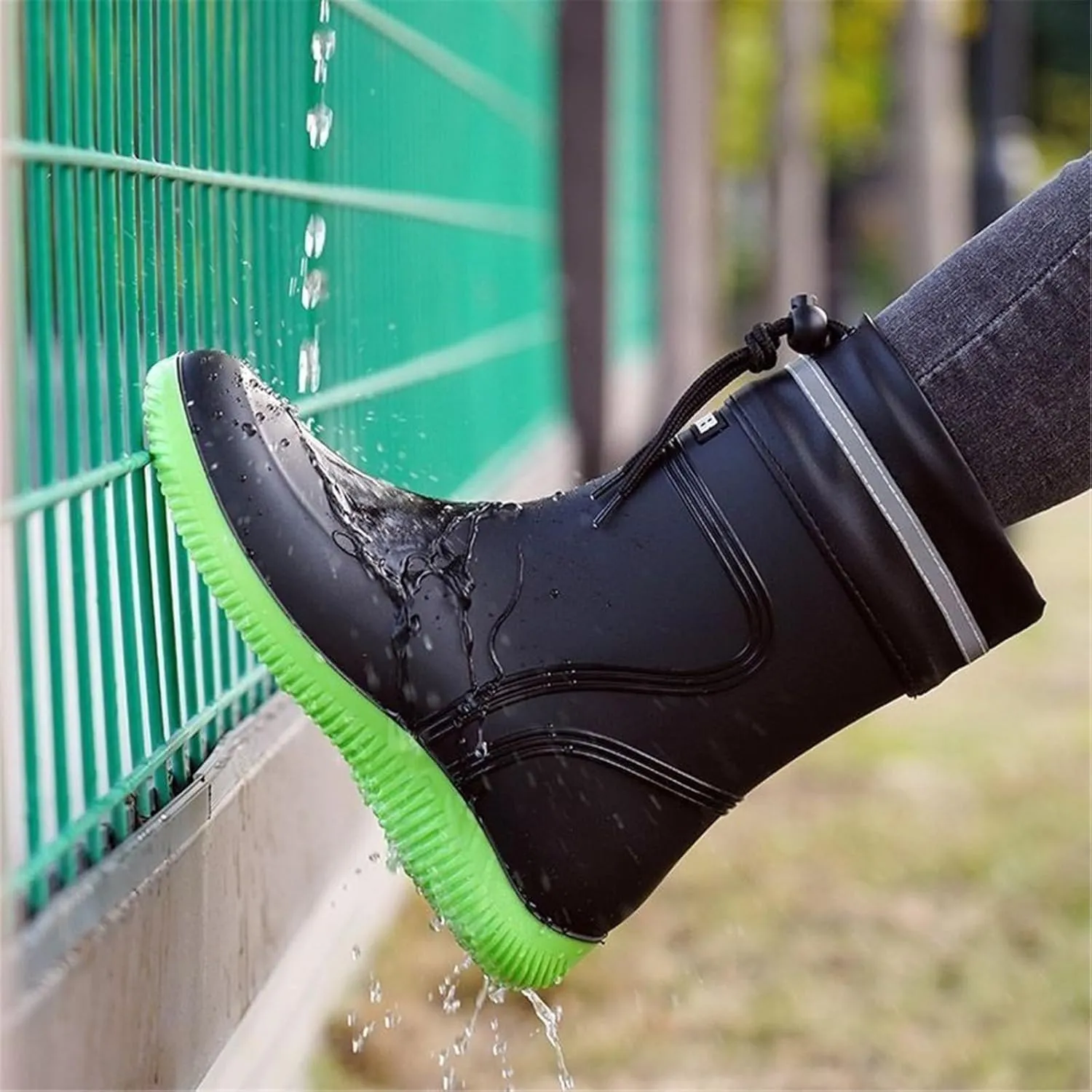 Rubber Rain Shoes for Men, Men's Mid Calf Pull Rope Adjustable PVC Comfort Lightweight Work Rain Boots, with Waterproof Upper and Non-slip Soles Suitable, for Spring Summer, Outdoors