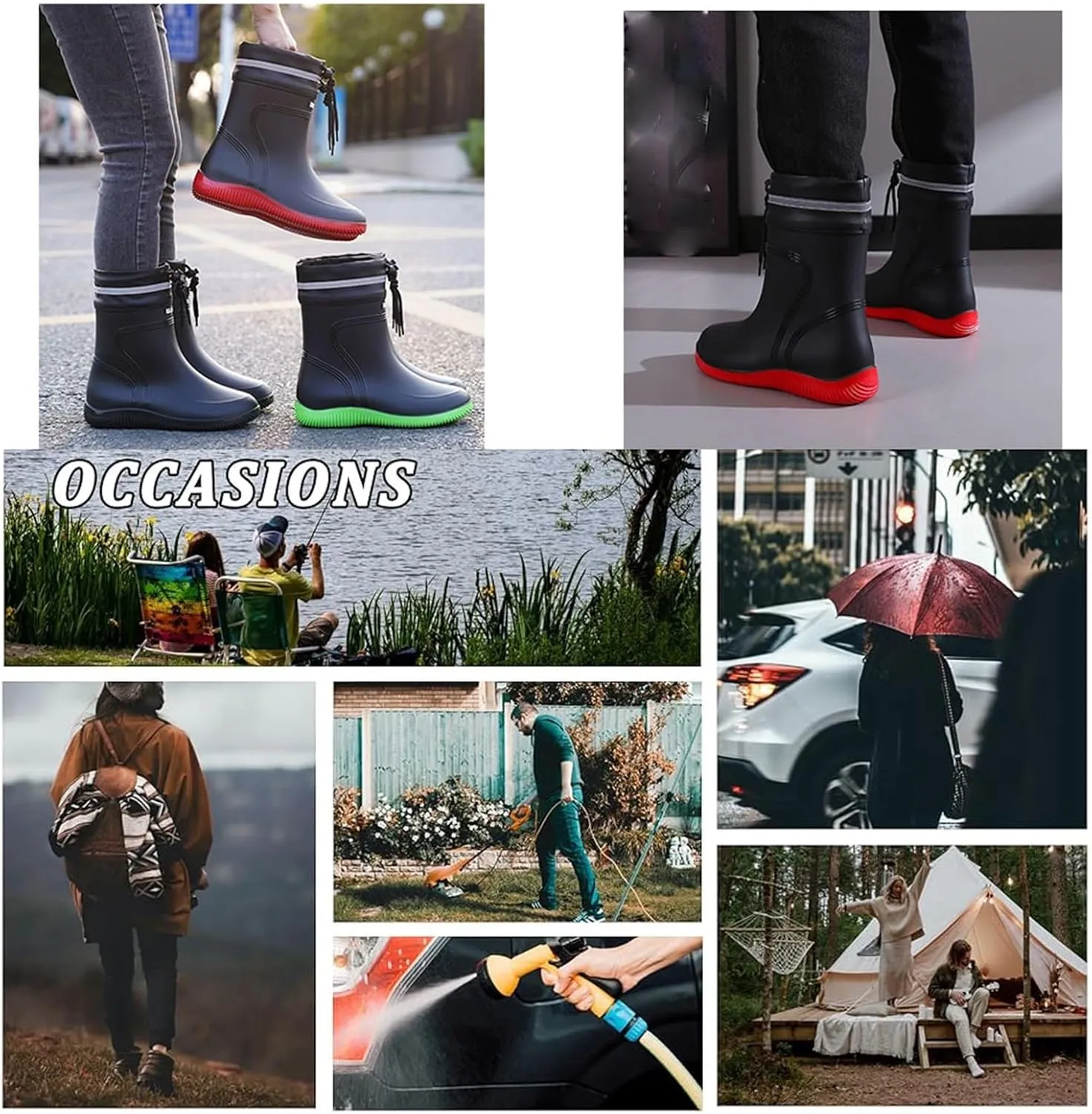 Rubber Rain Shoes for Men, Men's Mid Calf Pull Rope Adjustable PVC Comfort Lightweight Work Rain Boots, with Waterproof Upper and Non-slip Soles Suitable, for Spring Summer, Outdoors
