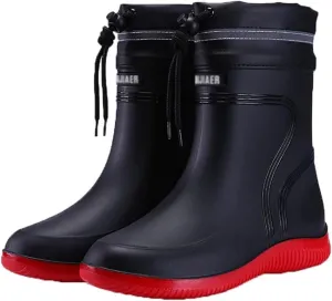 Rubber Rain Shoes for Men, Men's Mid Calf Pull Rope Adjustable PVC Comfort Lightweight Work Rain Boots, with Waterproof Upper and Non-slip Soles Suitable, for Spring Summer, Outdoors