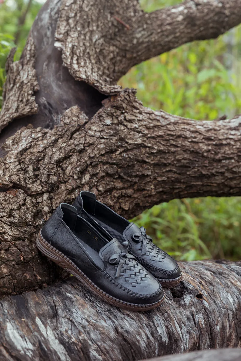 RUMOUR HAS IT| BRAIDED UPPER LEATHER LOAFER  - BLACK