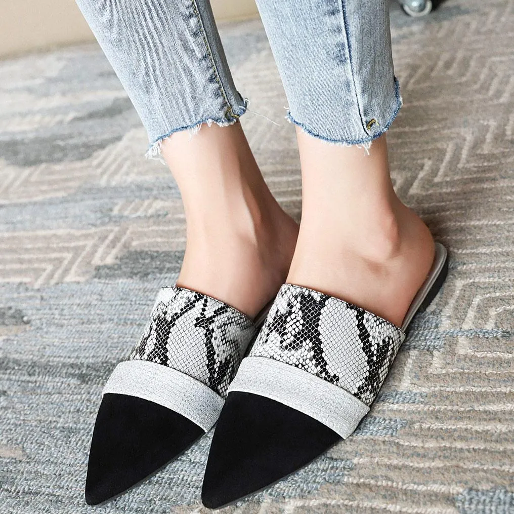 Serpentine Print Slide Pointed Toe Suede Sandals