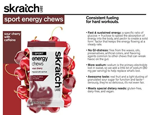 SKRATCH LABS Sport Energy Chews, Sour Cherry with Caffeine (10 Pack) - Developed for Athletes and Sports Performance, Gluten Free, Dairy Free, Vegan
