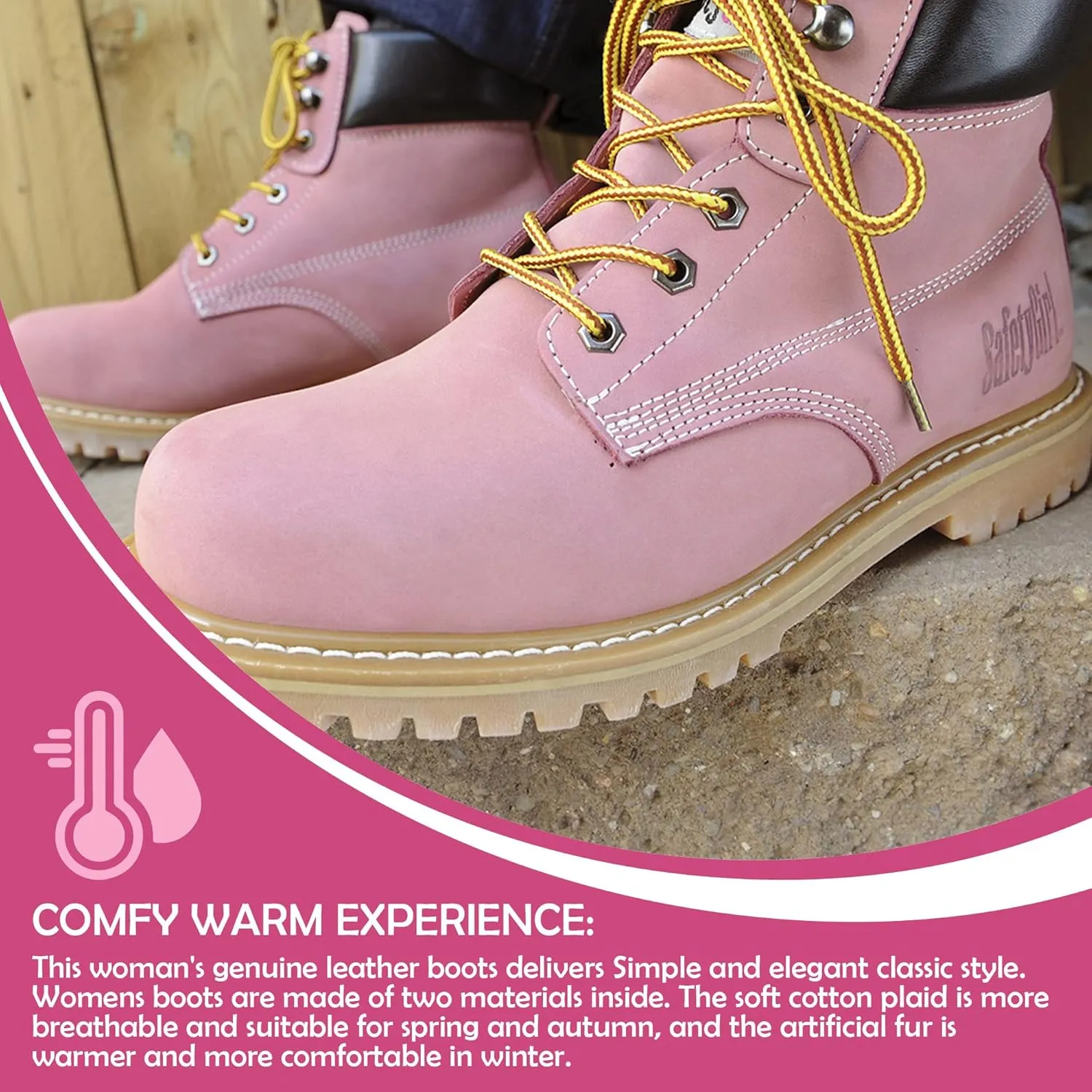 Steel Toe Boots for Women - Light Pink-10.5W | Waterproof Work Boots for Women Steel Toe Boots | Slip Resistant Work Shoes for Women | Lightweight Nubuck Leather for Comfort and Style