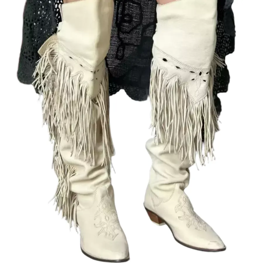 Vintage-Inspired Cream Fringe Cowgirl Boots – Western-Inspired Knee-High Boots with Embroidered Details and Buckle Straps