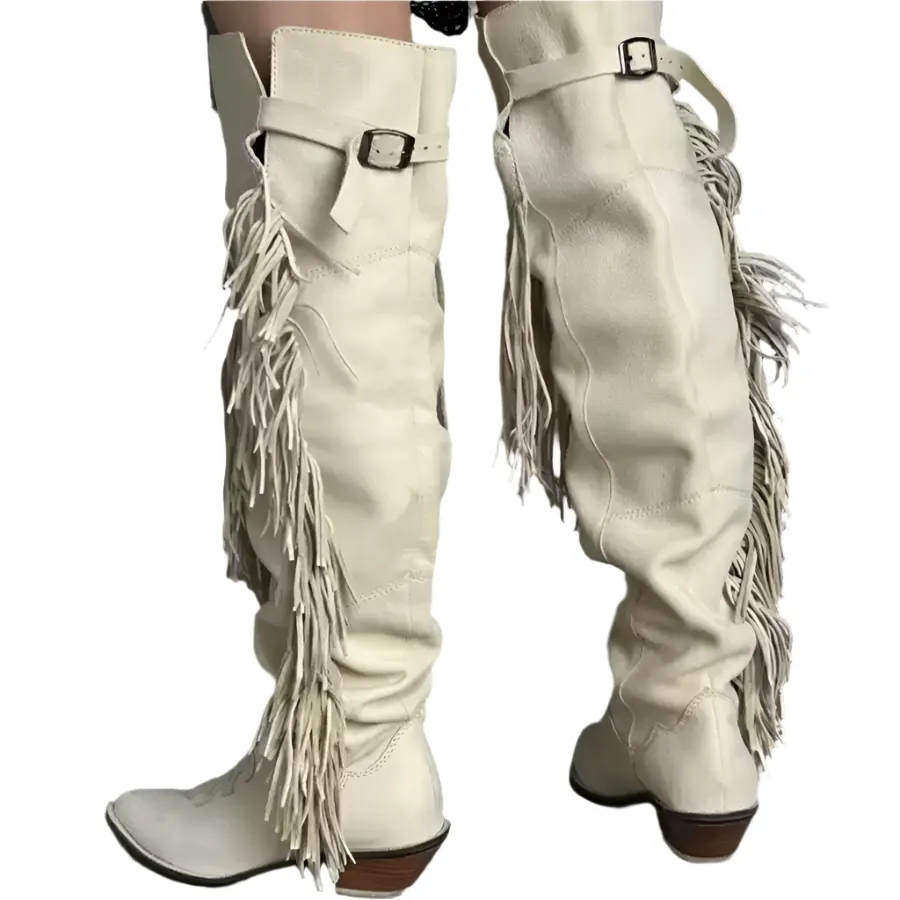 Vintage-Inspired Cream Fringe Cowgirl Boots – Western-Inspired Knee-High Boots with Embroidered Details and Buckle Straps
