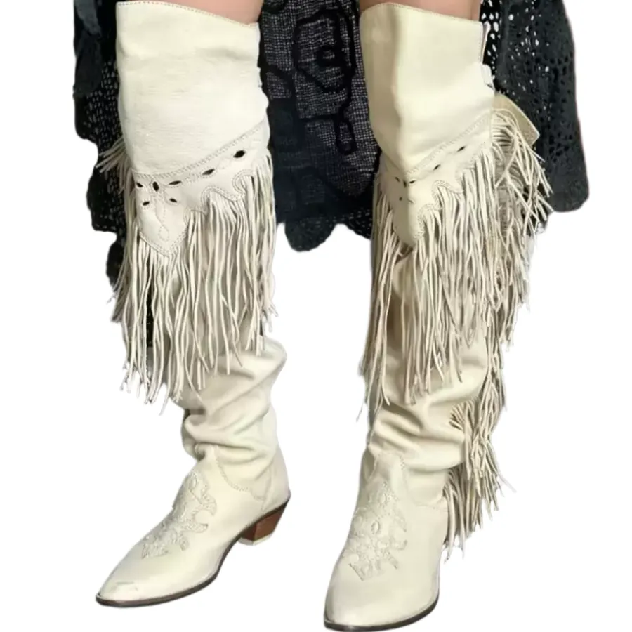 Vintage-Inspired Cream Fringe Cowgirl Boots – Western-Inspired Knee-High Boots with Embroidered Details and Buckle Straps