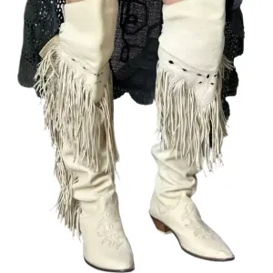 Vintage-Inspired Cream Fringe Cowgirl Boots – Western-Inspired Knee-High Boots with Embroidered Details and Buckle Straps