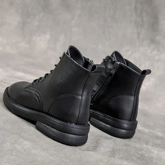 Women Leather Casual and Light Lace-up Zipper Ankle Boot