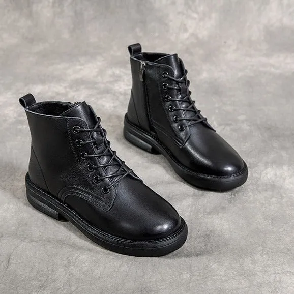 Women Leather Casual and Light Lace-up Zipper Ankle Boot