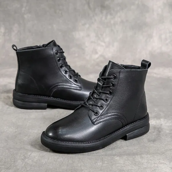Women Leather Casual and Light Lace-up Zipper Ankle Boot