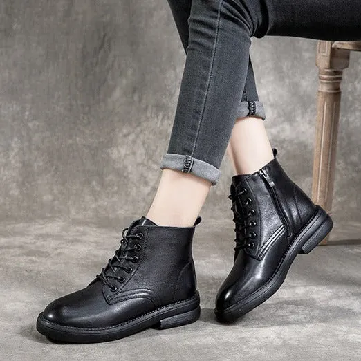 Women Leather Casual and Light Lace-up Zipper Ankle Boot