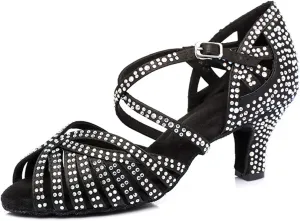 Women's Ballroom Latin Dance Shoes, Tango Indoor Dancing Shoes, with Rhinestones, for Wedding Party Prom Dance Shoes (Color : Black 6cm, Size : 6)