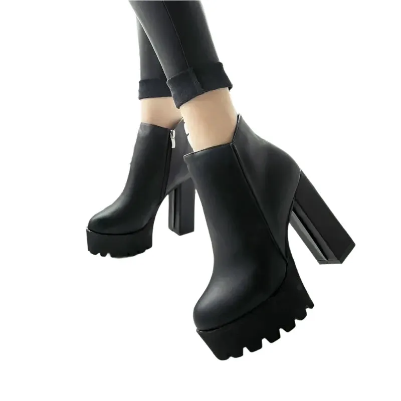Women's Black Ankle Boots – Side Zipper, 12cm Thick High Heel Platform Winter Fashion Shoes