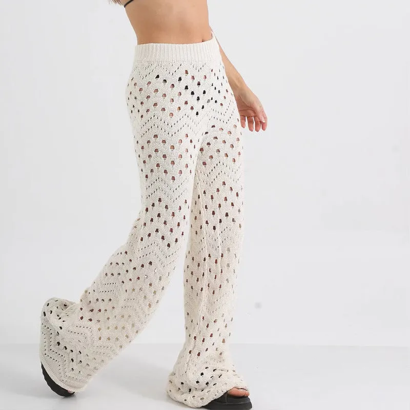 Womens Knit Two-Piece Set  Open Front Short Sleeve Top  High Waist Wide Leg Pants