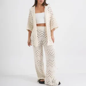 Womens Knit Two-Piece Set  Open Front Short Sleeve Top  High Waist Wide Leg Pants