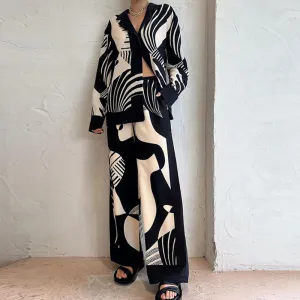Womens Matching Set  Long Sleeve Button-Up Top  Wide-Leg High-Waist Pants  Relaxed Fit