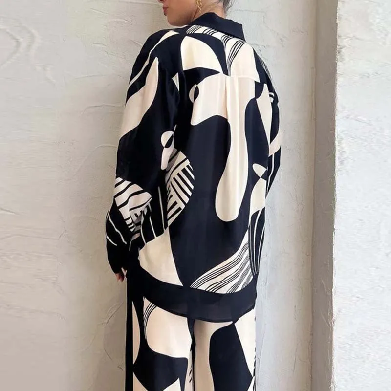 Womens Matching Set  Long Sleeve Button-Up Top  Wide-Leg High-Waist Pants  Relaxed Fit