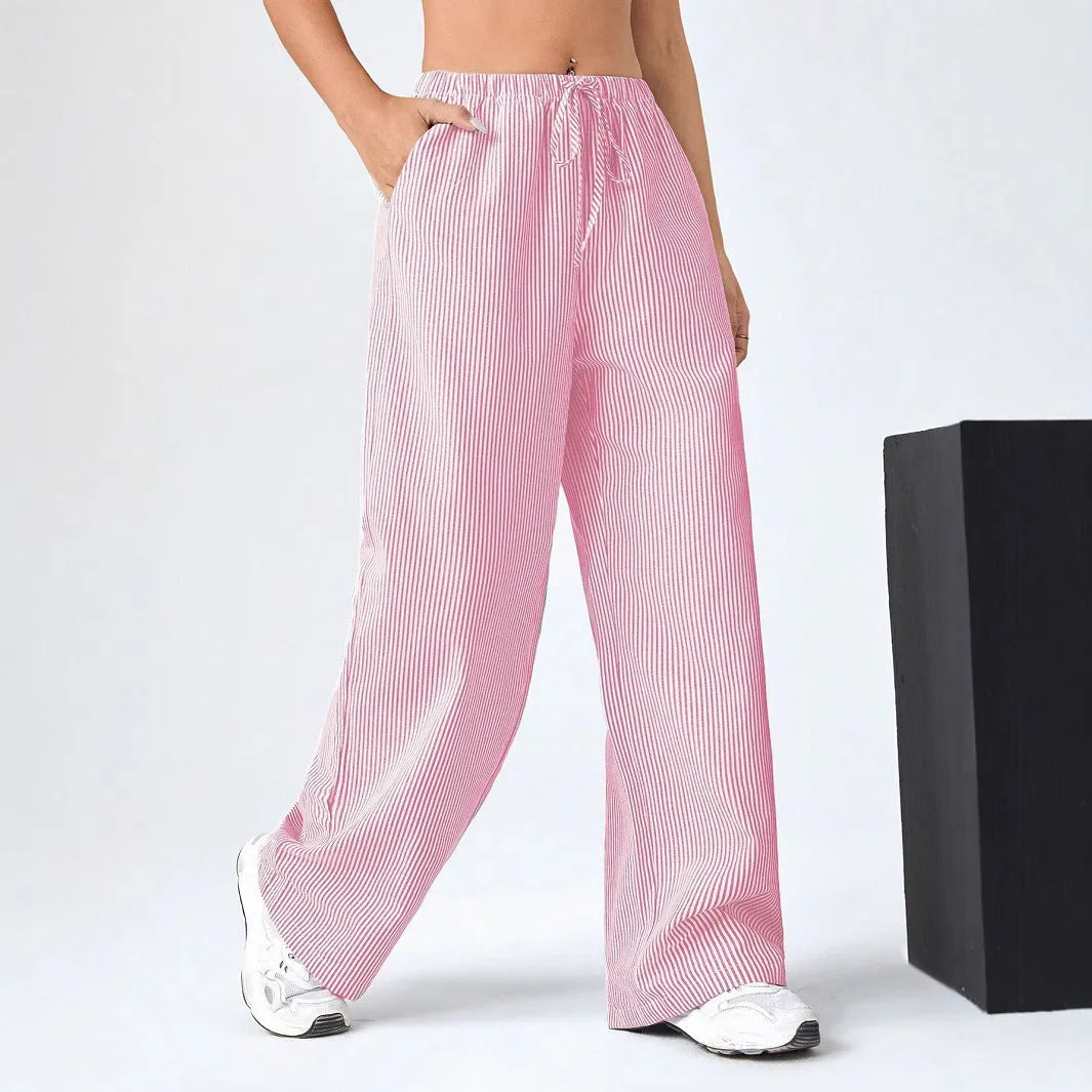 Womens Straight-Leg Pants  Drawstring Waist  Breathable Cotton  Full Length  Striped