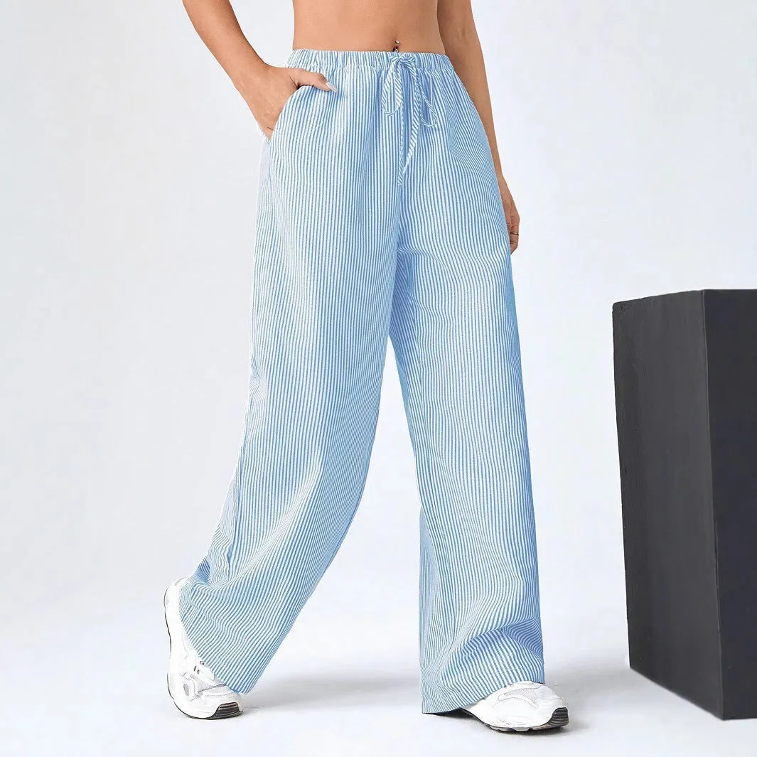 Womens Straight-Leg Pants  Drawstring Waist  Breathable Cotton  Full Length  Striped