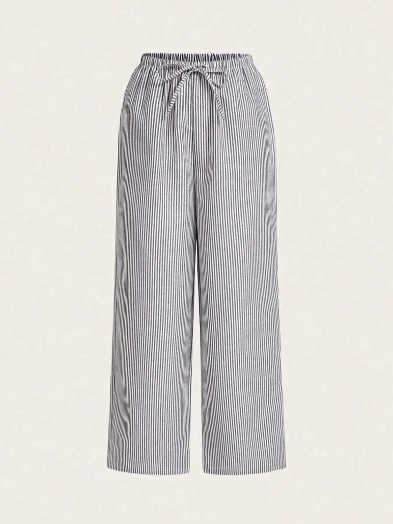 Womens Straight-Leg Pants  Drawstring Waist  Breathable Cotton  Full Length  Striped