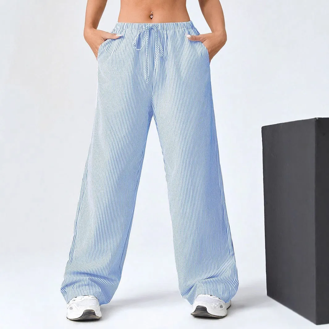 Womens Straight-Leg Pants  Drawstring Waist  Breathable Cotton  Full Length  Striped