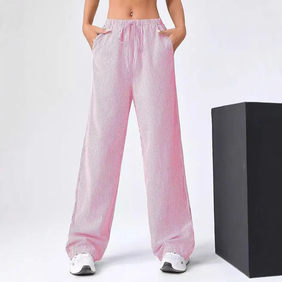 Womens Straight-Leg Pants  Drawstring Waist  Breathable Cotton  Full Length  Striped