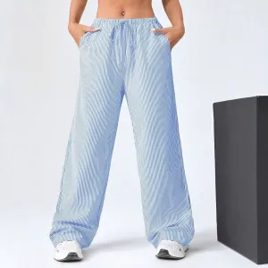Womens Straight-Leg Pants  Drawstring Waist  Breathable Cotton  Full Length  Striped
