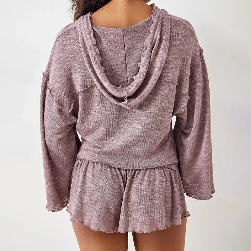 Womens Two-Piece Set  Cropped Long Sleeve Hooded Top  High Waist Flowy Shorts