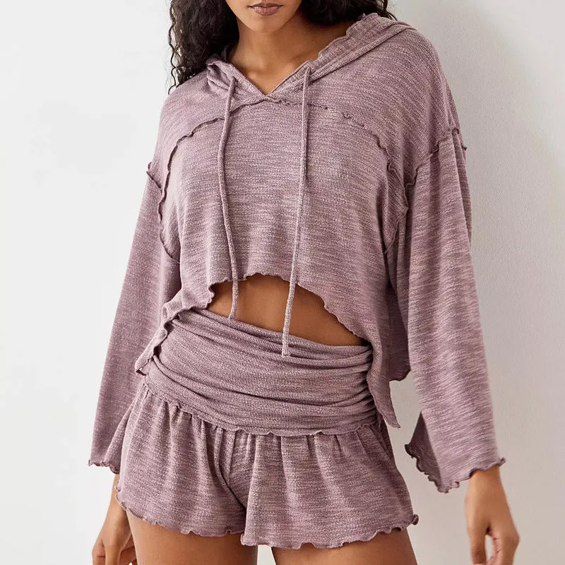 Womens Two-Piece Set  Cropped Long Sleeve Hooded Top  High Waist Flowy Shorts