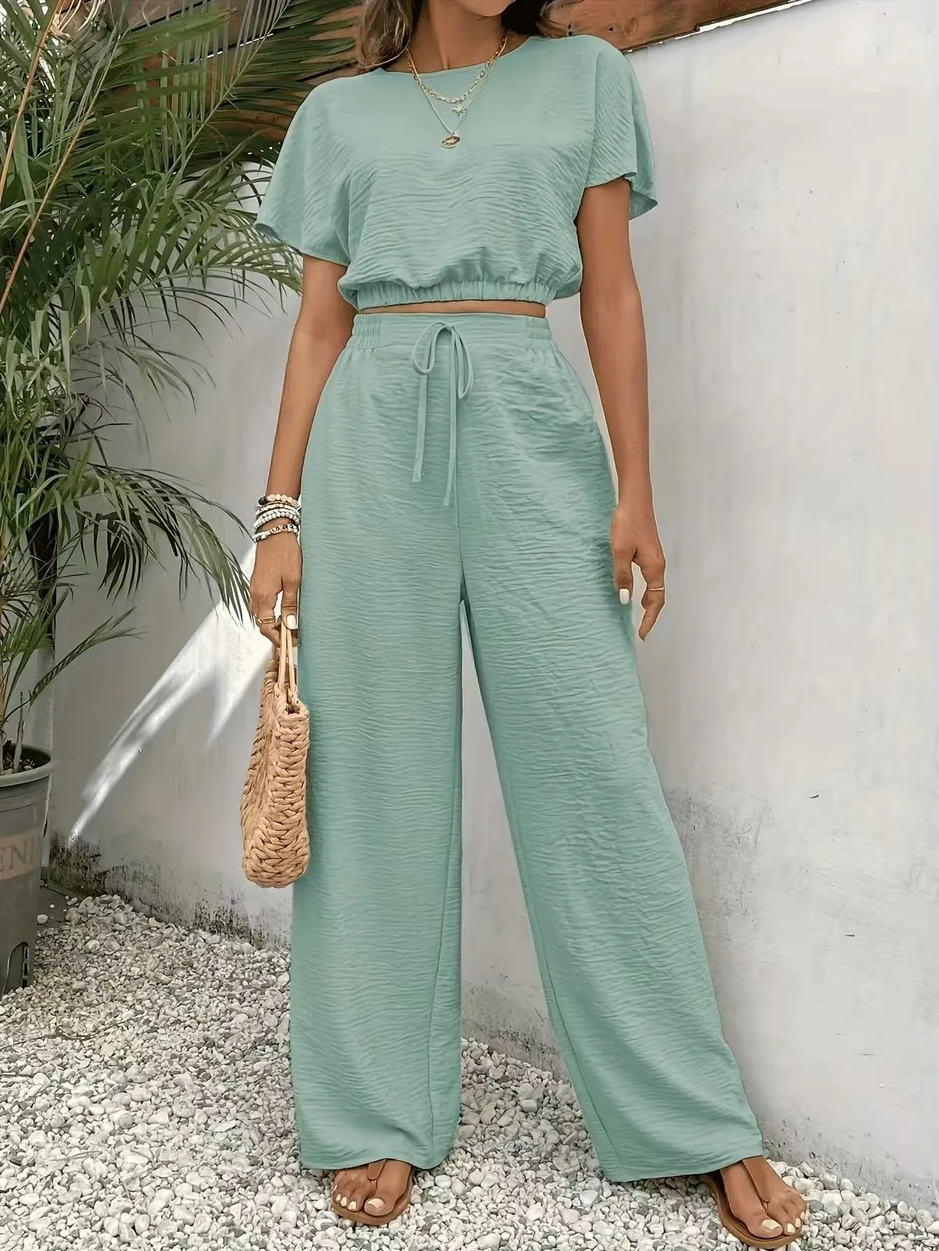 Womens Two-Piece Set  Relaxed Fit Crop Top with Batwing Sleeves  Wide-Leg Pants