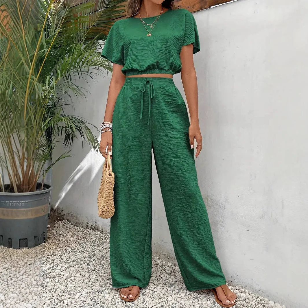 Womens Two-Piece Set  Relaxed Fit Crop Top with Batwing Sleeves  Wide-Leg Pants