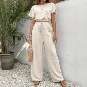 Womens Two-Piece Set  Relaxed Fit Crop Top with Batwing Sleeves  Wide-Leg Pants