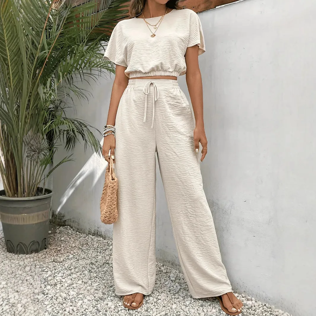 Womens Two-Piece Set  Relaxed Fit Crop Top with Batwing Sleeves  Wide-Leg Pants