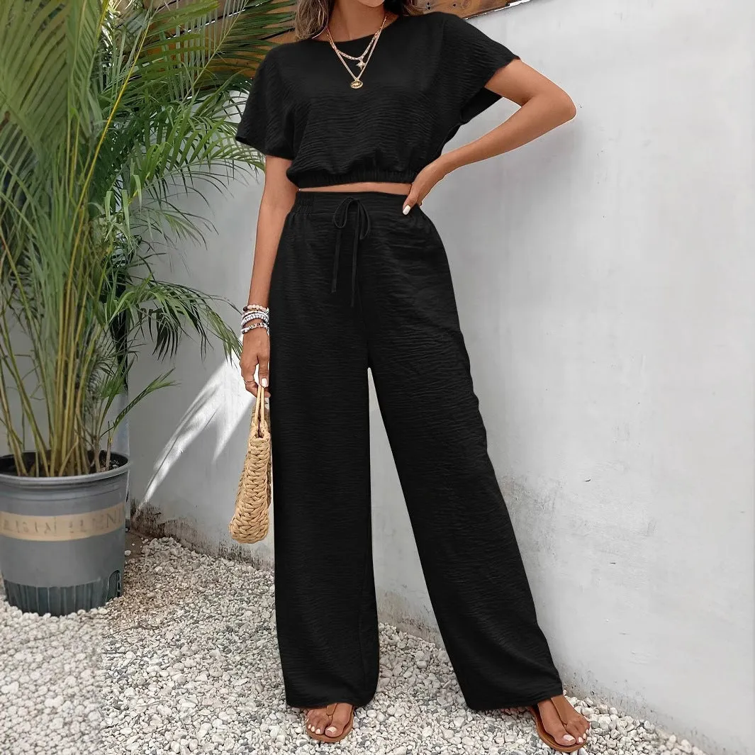 Womens Two-Piece Set  Relaxed Fit Crop Top with Batwing Sleeves  Wide-Leg Pants