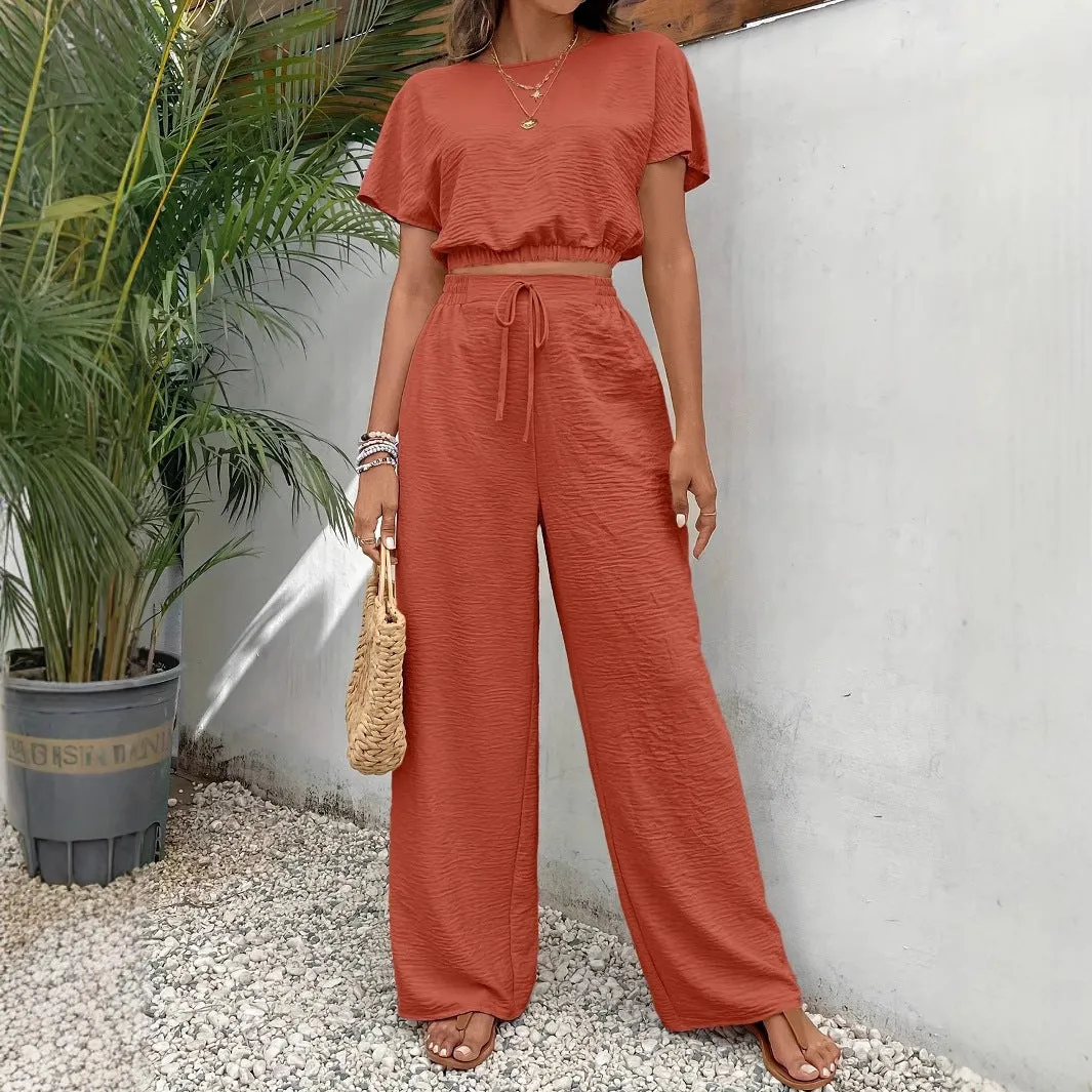 Womens Two-Piece Set  Relaxed Fit Crop Top with Batwing Sleeves  Wide-Leg Pants