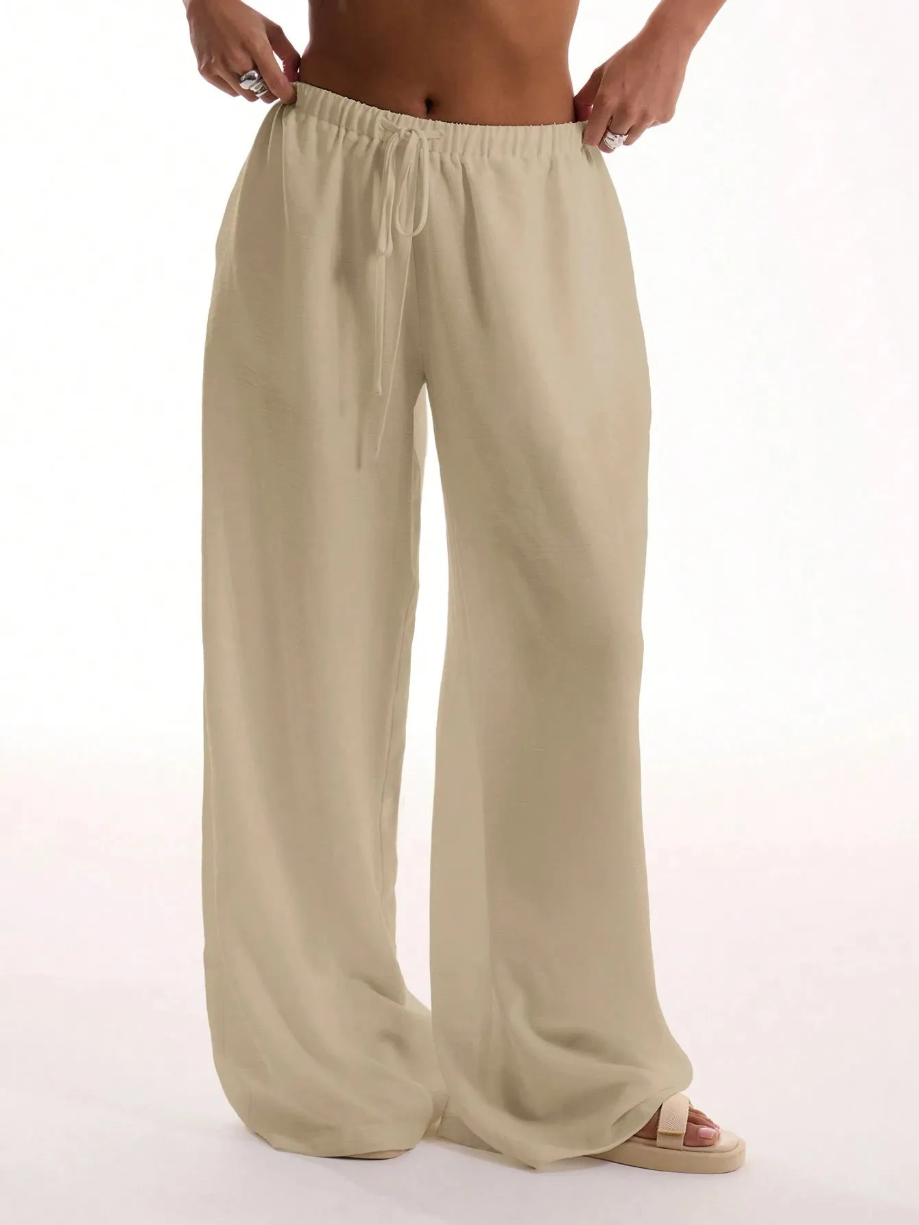 Womens Wide-Leg Pants  Linen Blend  Relaxed Fit  Elastic Drawstring Waist
