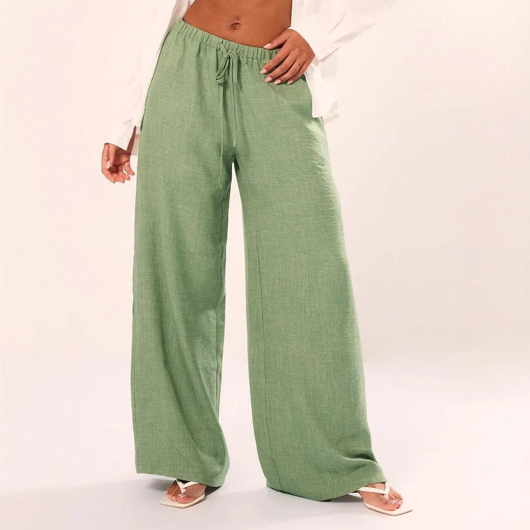 Womens Wide-Leg Pants  Linen Blend  Relaxed Fit  Elastic Drawstring Waist