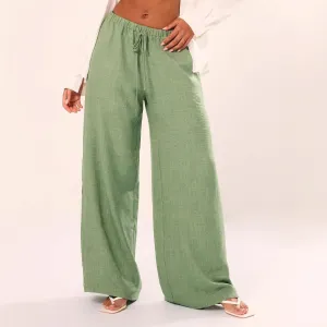 Womens Wide-Leg Pants  Linen Blend  Relaxed Fit  Elastic Drawstring Waist