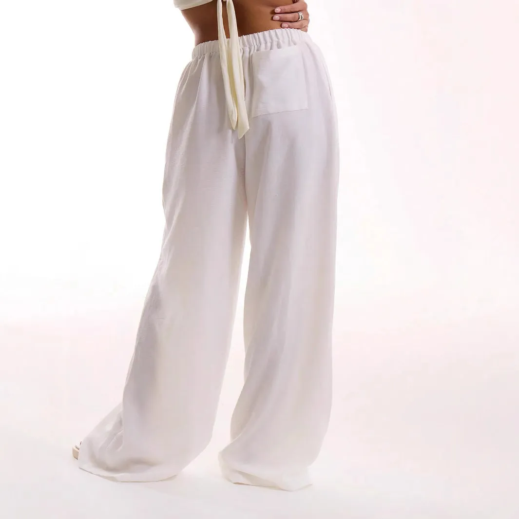 Womens Wide-Leg Pants  Linen Blend  Relaxed Fit  Elastic Drawstring Waist