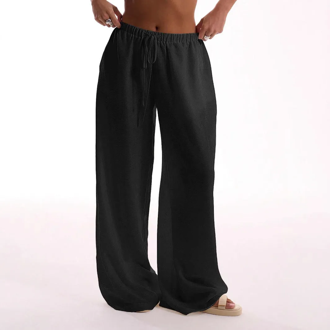 Womens Wide-Leg Pants  Linen Blend  Relaxed Fit  Elastic Drawstring Waist