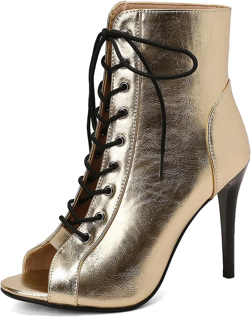 YKXLM Latin Dance Boots Salsa Women Ballroom Lace-up Ankle Open Toe Dance Shoes,9676-1,Gold,10US