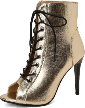 YKXLM Latin Dance Boots Salsa Women Ballroom Lace-up Ankle Open Toe Dance Shoes,9676-1,Gold,10US