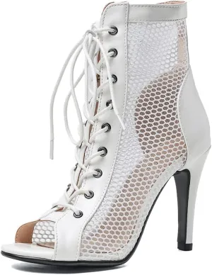 YKXLM Women Open Toe Dance Boots Latin Salsa Ballroom Lace-up Ankle Dance Shoes,B55,4 inch Heel.5,White,7 US