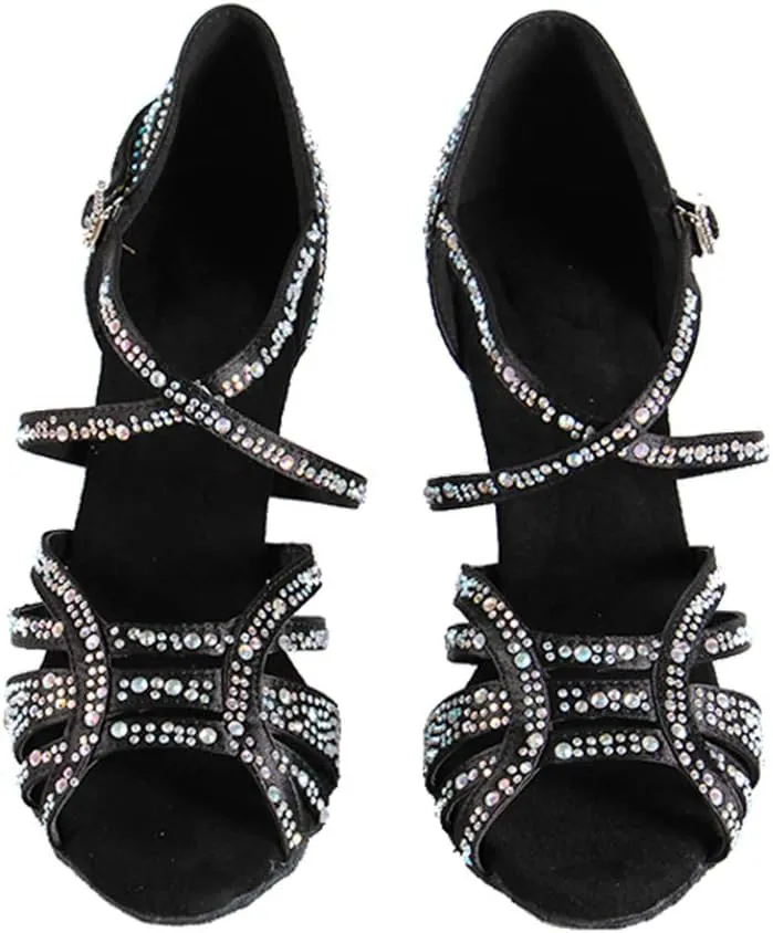 YKXLM Women's Ballroom Latin Dance Shoes with Rhinestone Salsa Performance Wedding Dance Shoes,L356