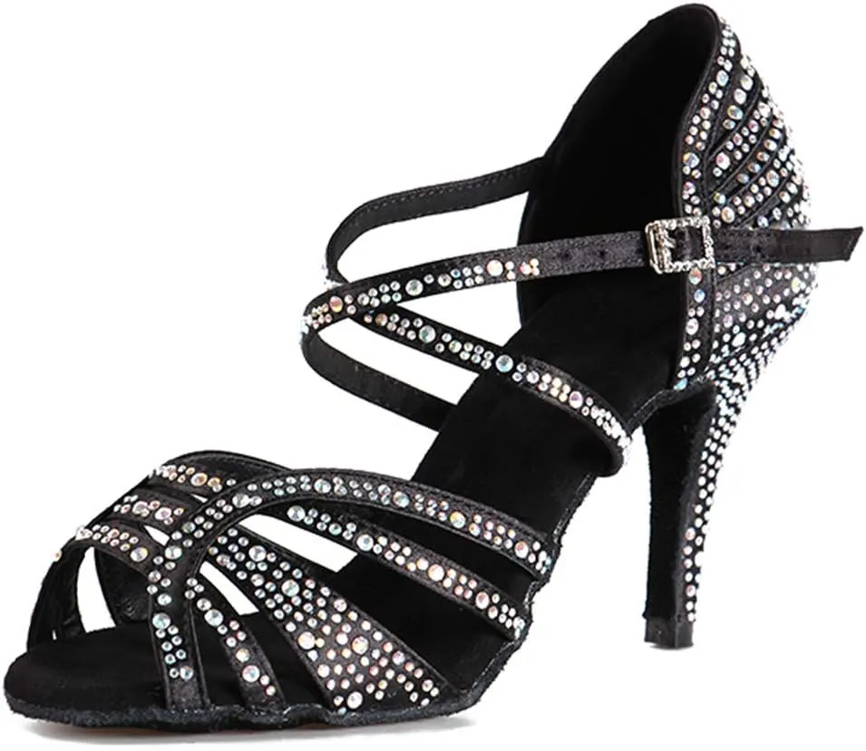 YKXLM Women's Ballroom Latin Dance Shoes with Rhinestone Salsa Performance Wedding Dance Shoes,L356