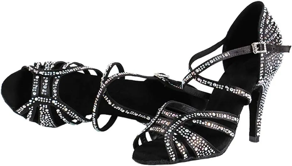 YKXLM Women's Ballroom Latin Dance Shoes with Rhinestone Salsa Performance Wedding Dance Shoes,L356