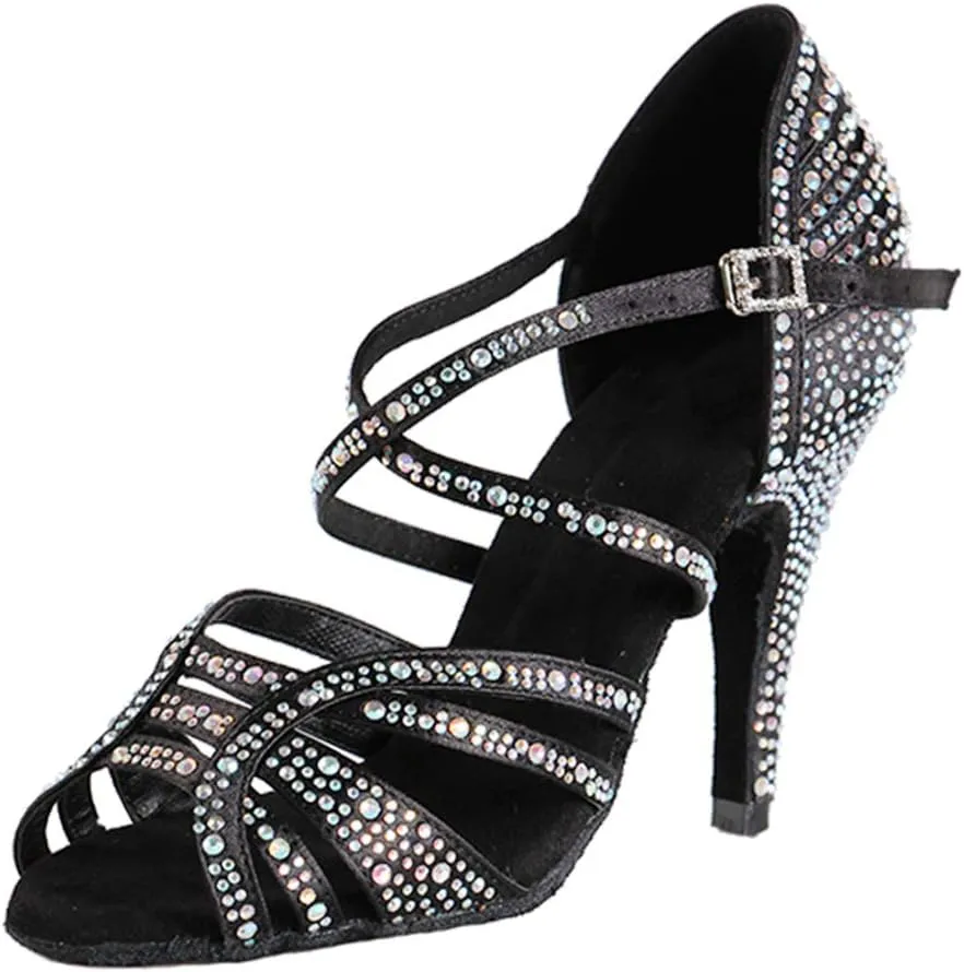 YKXLM Women's Ballroom Latin Dance Shoes with Rhinestone Salsa Performance Wedding Dance Shoes,L356