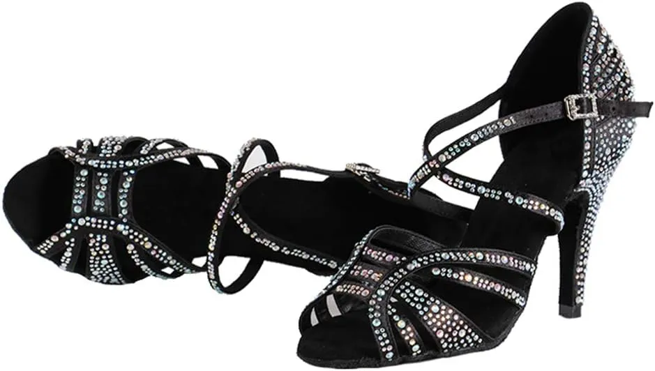 YKXLM Women's Ballroom Latin Dance Shoes with Rhinestone Salsa Performance Wedding Dance Shoes,L356