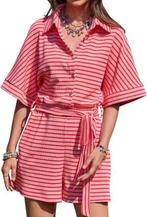Yousify Womens Summer Casual Striped Rompers Short Sleeve Button Down Belted Elastic Waist Short Jumpsuit