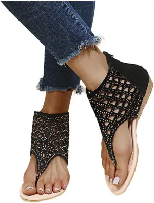 ZHOUYF T-Strap Flat Sandals for Women Rhinestone Bohemian Beach Sandals Summer Hollow Out Flip Flops Roman Gladiator Sandals